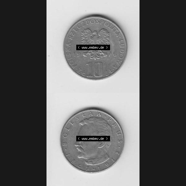 Grau bzw. s/w Münzen Polen Umlaufmünze 1975-1984, 10 Zlotych Boleslaw Prus 1976, Münzseiten Untereinander als Bildmaterial Sammlung Graustufen
