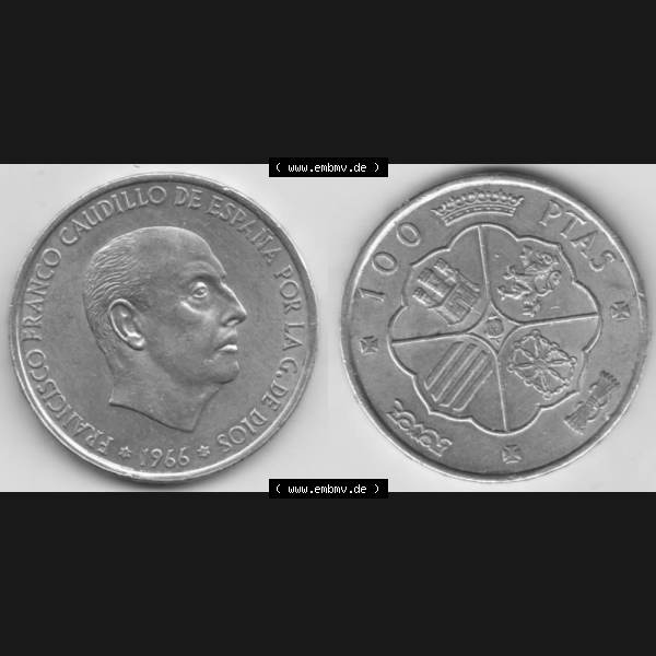 Grau bzw. s/w Münzen Spanien Umlaufmünze 1966-1966, 100 Peseten Silber, Bild mit Vollansicht als Bildmaterial Sammlung Graustufen
