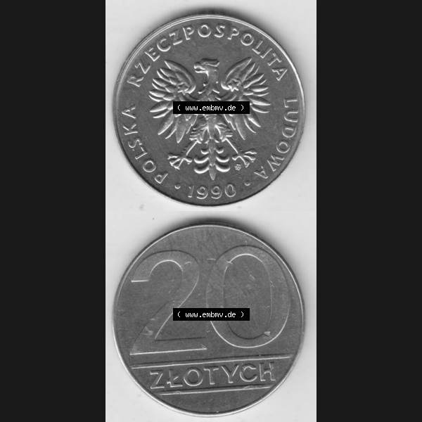 Grau bzw. s/w Münzen Polen Umlaufmünze 1989-1990, 20 Zlotych 1990, Münzseiten Untereinander als Bildmaterial Sammlung Graustufen