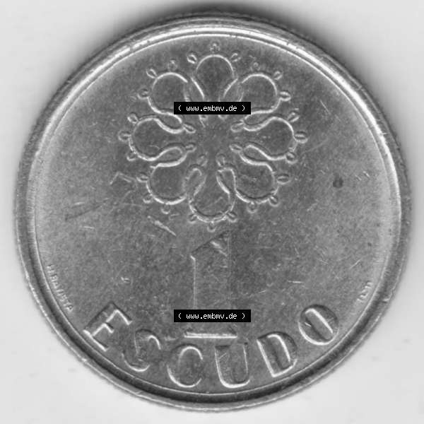 Grau bzw. s/w Münzen Portugal Umlaufmünze 1986-2001, 1 Escudo 1986. Vorderseite der Escudo Umlaufmünze aus Portugal vor EInführung der Euromünzen in Portugal zum katalogisieren... Sammlung Graustufen