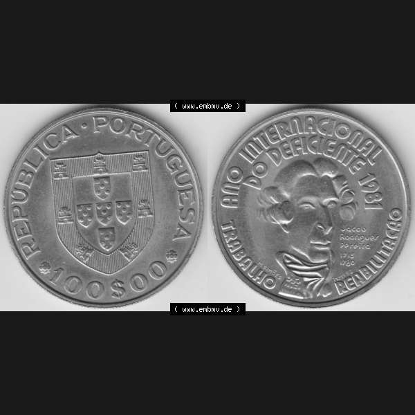 Grau bzw. s/w Münzen Portugal Gedenkmünze 1981-1981, 100 Escudoas, Ano Internacional, do Deficiente 1981. Vorderseite und Rückseite auf einen Bild/Foto der portugiesischen... Sammlung Graustufen
