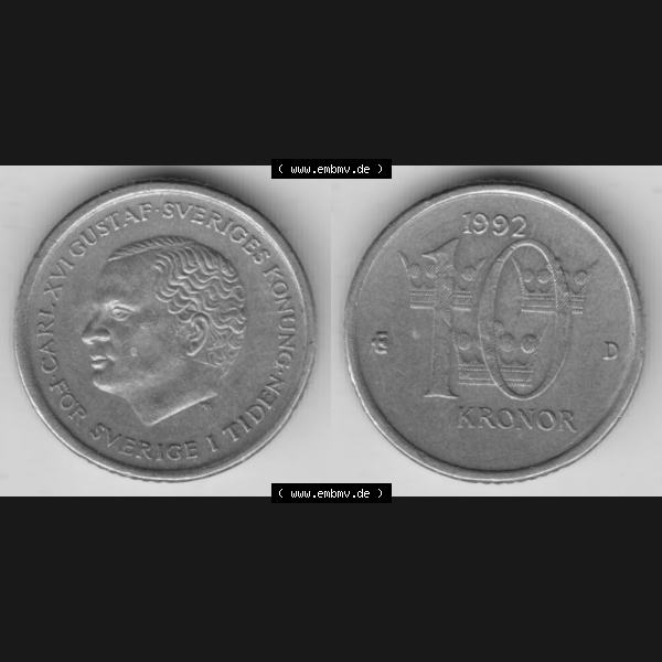 Grau bzw. s/w Münzen Schweden Umlaufmünze 1991-2000, 10 Kronen 1992, Bild mit Vollansicht als Bildmaterial Sammlung Graustufen