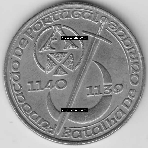 Grau bzw. s/w Münzen Portugal Gedenkmünze 1989-1989, 250 Escudos Batalha de Ourique, Schlacht von Ourique. Rückseite der portugiesischen Gedenkmünze aus Portugal vor der Euro-Einführung... Sammlung Graustufen