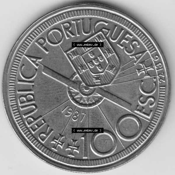 Grau bzw. s/w Münzen Portugal Gedenkmünze 1987-1987, 100 Escudo, Diogo Cao 1486. Vorderseite der Gedenkmünze aus Portugal zum katalogisieren im Münzen-Katalog und der Verwaltung... Sammlung Graustufen