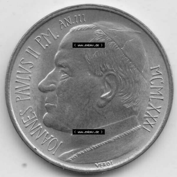 Grau bzw. s/w Münzen Vatikan / Vatikanstadt Umlaufmünze 1981-1981, 20 Lire Papst Johannes Paul II, Bild mit Vorderseite der Münze als Bildmaterial. Münze aus dem Vatikan der... Sammlung Graustufen