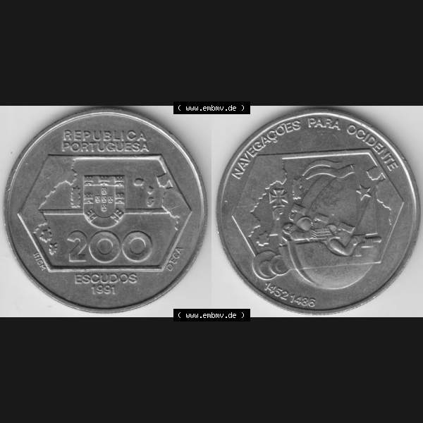 Grau bzw. s/w Münzen Portugal Gedenkmünze 1992-1992 200 Escudo, Navegagoes Para Ocidente 1452-1486. Vorderseite und Rückseite auf einen Bild/Foto der portugiesischen Gedenkmünze... Sammlung Graustufen