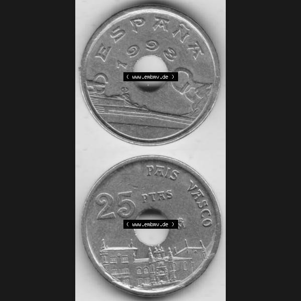 Grau bzw. s/w Münzen Spanien Umlaufmünze 1993-1993, 25 PTAS - Peseten 1993, Münze aus Spanien, Umlaufmünze / aus Zahlungsverkehr mit Münzseiten Vertikal / Untereinander... Sammlung Graustufen