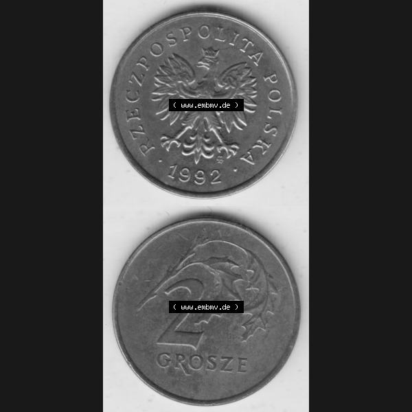 Grau bzw. s/w Münzen Polen Umlaufmünze 1990-2014, 2 Grosze 1992, Münzseiten Untereinander als Bildmaterial Sammlung Graustufen