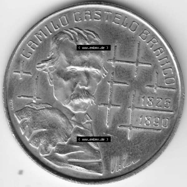Grau bzw. s/w Münzen Portugal Gedenkmünze 1990-1990, 100 Escudos, Camilo Castelo Braiico. Rückseite der portugiesischen Gedenkmünze aus Portugal vor der Euro-Einführung in... Sammlung Graustufen