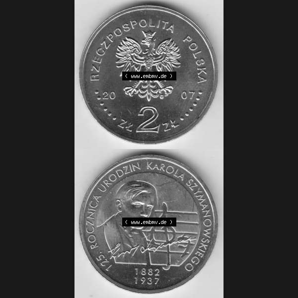 Grau bzw. s/w Münzen Polen Gedenkmünze 2007-2007, 2 Zloty, 125. Geburtstag von Karol Szymanowski, Münzseiten Untereinander als Bildmaterial Sammlung Graustufen