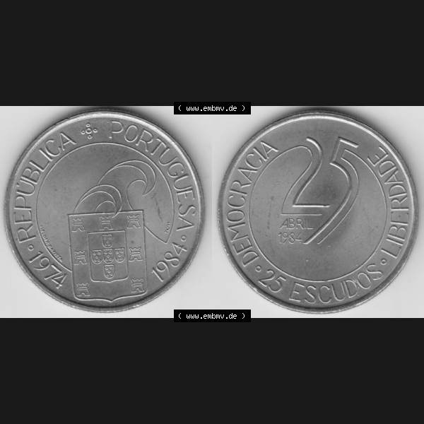 Grau bzw. s/w Münzen Portugal Gedenkmünze 1984-1984, 25 Escudos Democracia Liberdade, Abril 1984, Demokratie und Freiheit . Vorderseite und Rückseite auf einen Bild/Foto der... Sammlung Graustufen