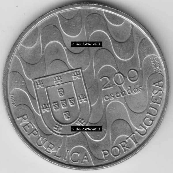 Grau bzw. s/w Münzen Portugal Gedenkmünze 1992-1992, 200 Escudos, Presidencia da Comunidade Europeia. Vorderseite der Gedenkmünze aus Portugal zum katalogisieren im Münzen-Katalog... Sammlung Graustufen