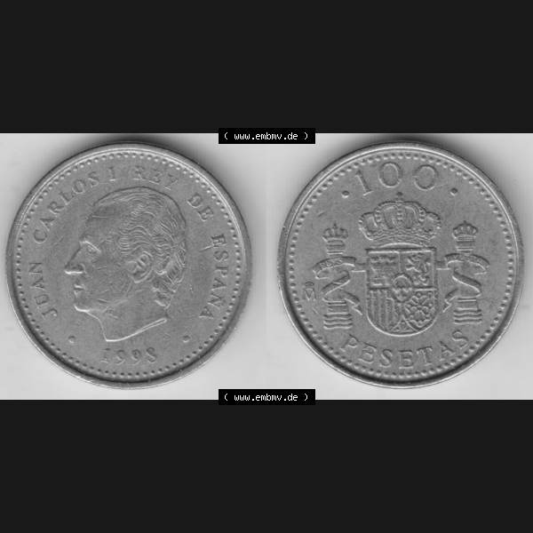 Grau bzw. s/w Münzen Spanien Umlaufmünze 1998-2000, 100 Pesetas - Peseten 1998, Bild mit Vollansicht als Bildmaterial Sammlung Graustufen