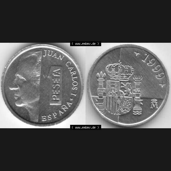 Grau bzw. s/w Münzen Spanien Umlaufmünze 1989-2001, 1 Peseta, Pesete 1999, Bild mit Vollansicht als Bildmaterial Sammlung Graustufen