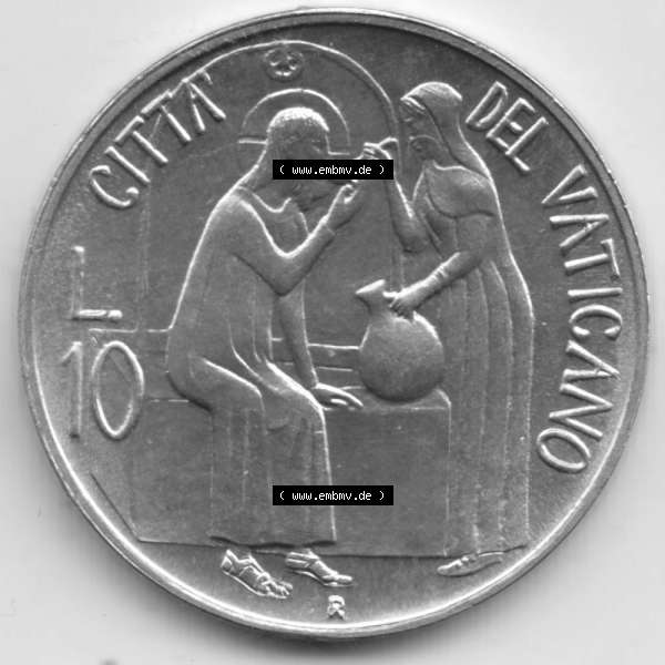 Grau bzw. s/w Münzen Vatikan / Vatikanstadt Umlaufmünze 1981-1981, 10 Lire Papst Johannes Paul II, Bild mit Rückseite der Münze als Bildmaterial. Münze aus dem Vatikan... Sammlung Graustufen