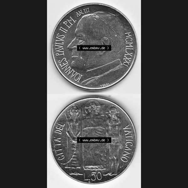 Grau bzw. s/w Münzen Vatikan / Vatikanstadt Umlaufmünze 1981-1981, 50 Lire Papst Johannes Paul II, Münzseiten Untereinander als Bildmaterial. Münze aus dem Vatikan der Vatikanstadt... Sammlung Graustufen