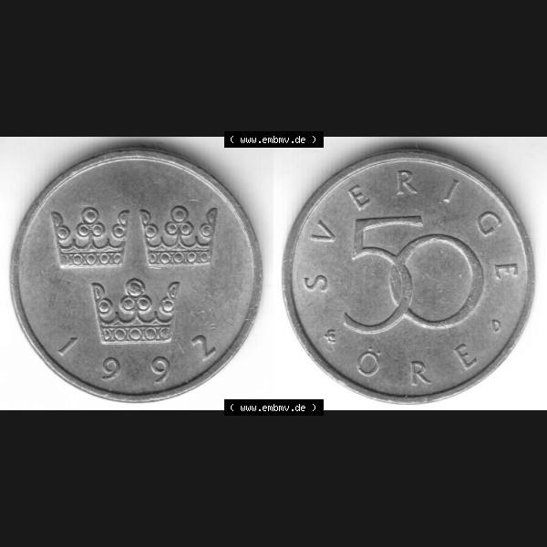 Grau bzw. s/w Münzen Schweden Umlaufmünze 1992-2009, 50 Öre 1992, Bild mit Vollansicht als Bildmaterial Sammlung Graustufen