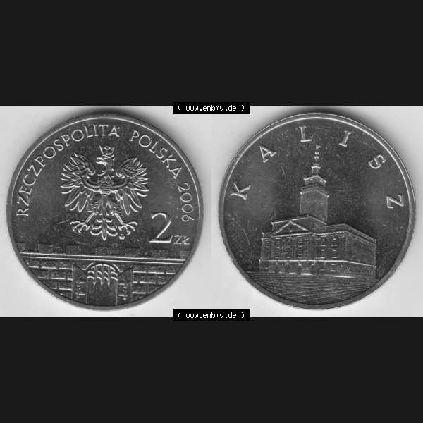 Grau bzw. s/w Münzen Polen Gedenkmünze 2006-2006, 2 Zloty, Historische Städte Polens - Kalisz, Bild mit Vollansicht als Bildmaterial Sammlung Graustufen