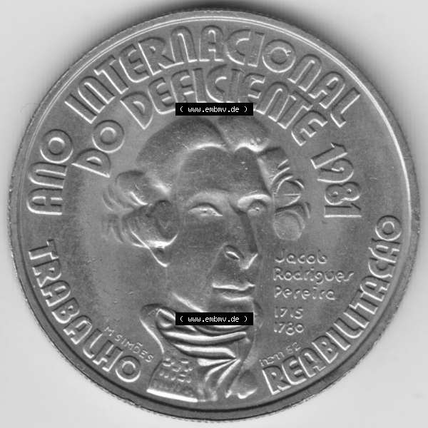 Grau bzw. s/w Münzen Portugal Gedenkmünze 1981-1981, 100 Escudoas, Ano Internacional, do Deficiente 1981. Rückseite der portugiesischen Gedenkmünze aus Portugal vor der Euro-Einführung... Sammlung Graustufen