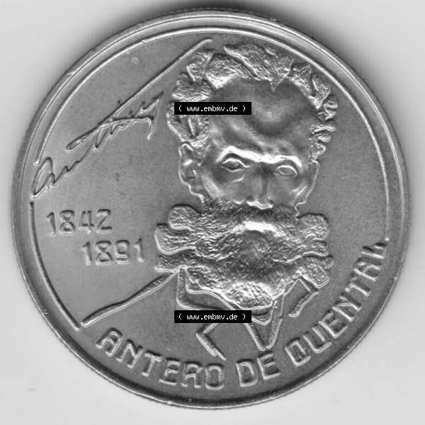Grau bzw. s/w Münzen Portugal Gedenkmünze 1991-1991, 100 Escudos Antero de Quental, 1842-1891. Rückseite der portugiesischen Gedenkmünze aus Portugal vor der Euro-Einführung... Sammlung Graustufen