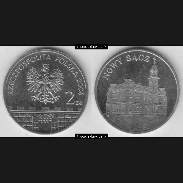 Grau bzw. s/w Münzen Polen Gedenkmünze 2006-2006, 2 Zloty, Historische Städte Polens - Nowy Sacz, Bild mit Vollansicht als Bildmaterial Sammlung Graustufen