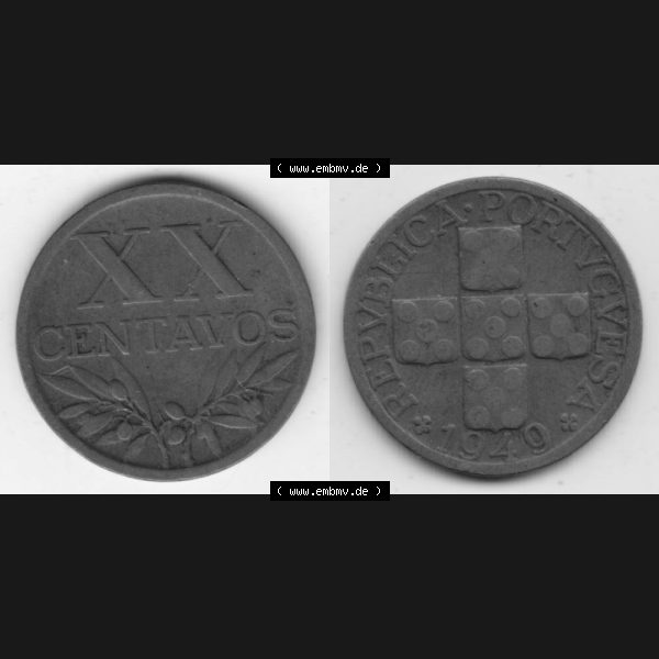 Grau bzw. s/w Münzen Portugal Umlaufmünze 1942-1969, 20 Centavos 1949. Vorderseite und Rückseite auf einen Bild/Foto der portugiesischen Umlaufmünze aus Portugal vor der Euro-Einführung... Sammlung Graustufen