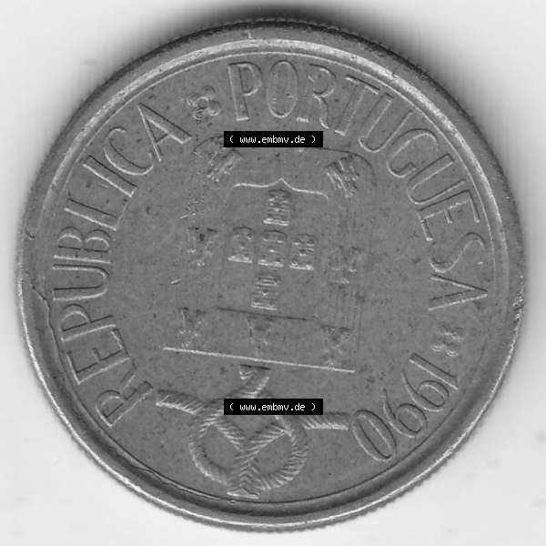 Grau bzw. s/w Münzen Portugal Umlaufmünze 1986-2001, 5 Escudos 1990. Rückseite der portugiesischen Umlaufmünze aus Portugal vor der Euro-Einführung in Portugal zum katalogisieren... Sammlung Graustufen
