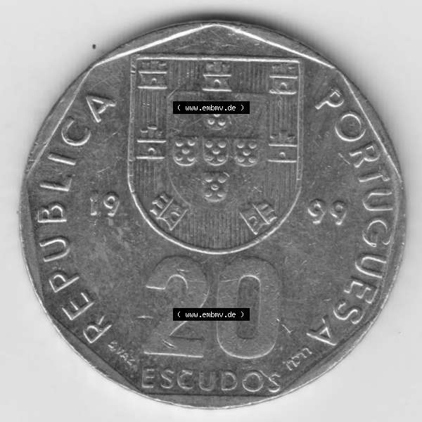 Grau bzw. s/w Münzen Portugal Umlaufmünze 1998-2001, 20 Escudos 1999. Vorderseite der Escudo Umlaufmünze aus Portugal vor EInführung der Euromünzen in Portugal zum katalogisieren... Sammlung Graustufen