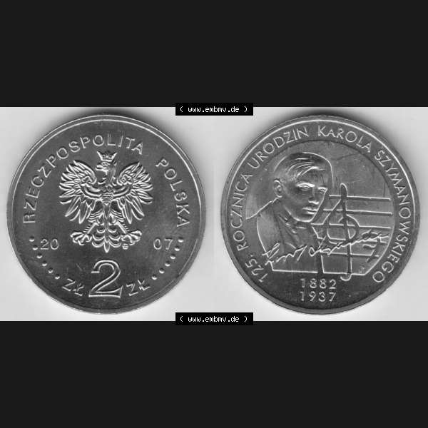 Grau bzw. s/w Münzen Polen Gedenkmünze 2007-2007, 2 Zloty, 125. Geburtstag von Karol Szymanowski, Bild mit Vollansicht als Bildmaterial Sammlung Graustufen