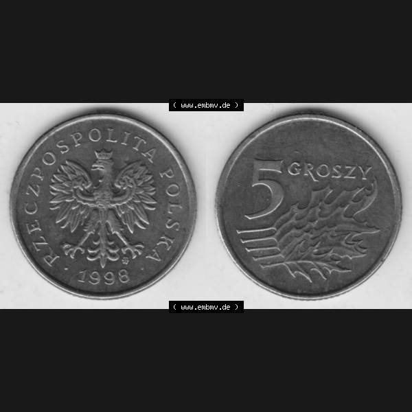 Grau bzw. s/w Münzen Polen Umlaufmünze 1990-2014, 5 Groszy 1998, Bild mit Vollansicht als Bildmaterial Sammlung Graustufen
