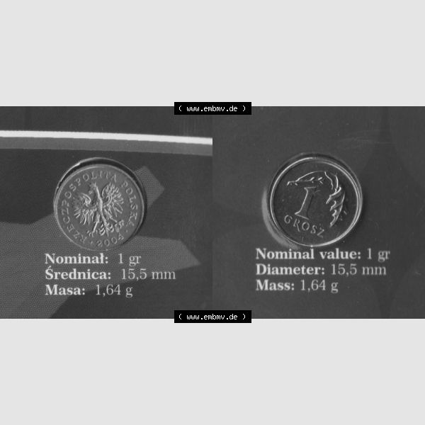 Grau bzw. s/w Münzen Polen KMS Umlaufmünze 2004, 1 Groszy, Bild mit Vollansicht als Bildmaterial Sammlung Graustufen