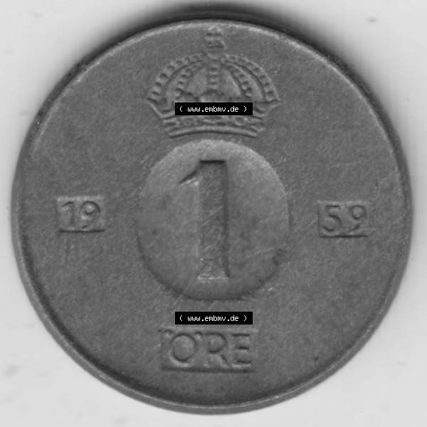 Grau bzw. s/w Münzen Schweden Umlaufmünze 1952-1971, 1 Öre 1959. Münzen aus Schweden als Bildmaterial für Sammler und Münzen-Webseiten hier im online Katalog und Datenbank... Sammlung Graustufen