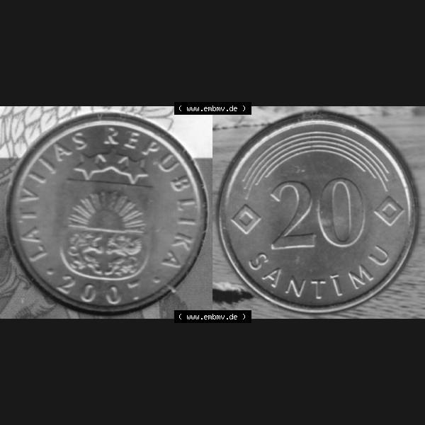 Grau bzw. s/w Münzen Lettland Umlaufmünze 1992-2009, 20 Centimes 2007, aus Münzensatz Bild mit horizontaler Vollansicht als Bildmaterial Sammlung Graustufen
