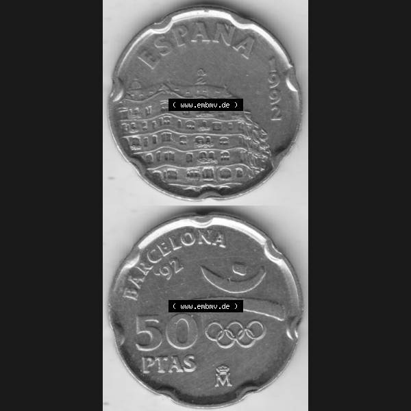 Grau bzw. s/w Münzen Spanien Umlaufmünze 1992-1992, 50 PTAS - Peseten 1992, Münze aus Spanien, Umlaufmünze / aus Zahlungsverkehr mit Münzseiten Vertikal / Untereinander... Sammlung Graustufen