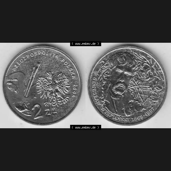 Grau bzw. s/w Münzen Polen Gedenkmünze 2004-2004, 2 Zloty, Polnische Maler - Stanislaw Wyspianski, Bild mit Vollansicht als Bildmaterial Sammlung Graustufen