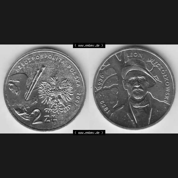 Grau bzw. s/w Münzen Polen Gedenkmünze 2007-2007, 2 Zloty, Polnische Maler - Leon Wyczolkowski, Bild mit Vollansicht als Bildmaterial Sammlung Graustufen