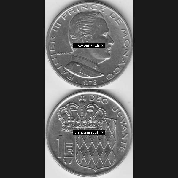 Grau bzw. s/w Münzen Monaco Umlaufmünze 1960-1995, 1 Fr, Franc, Franken Rainier III Prince de Monaco I. 1978, Münzseiten Untereinander als Bildmaterial Sammlung Graustufen