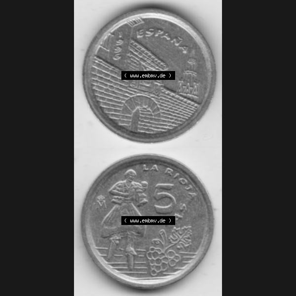 Grau bzw. s/w Münzen Spanien Umlaufmünze 1996-1996, 5 Peseten 1996, Münze aus Spanien, Umlaufmünze / aus Zahlungsverkehr mit Münzseiten Vertikal / Untereinander auf... Sammlung Graustufen