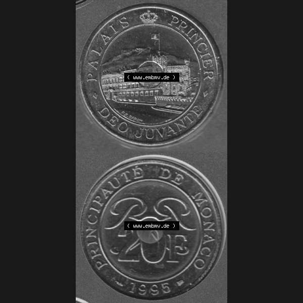 Grau bzw. s/w Münzen Monaco Umlaufmünze 1992-1997, 20 Francs 1995, Münzseiten Untereinander als Bildmaterial Sammlung Graustufen