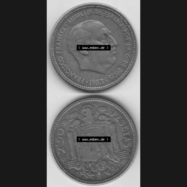 Grau bzw. s/w Münzen Spanien Umlaufmünze 1953-1953, 2,50 Peseten 1953, Münze aus Spanien, Umlaufmünze / aus Zahlungsverkehr mit Münzseiten Vertikal / Untereinander... Sammlung Graustufen