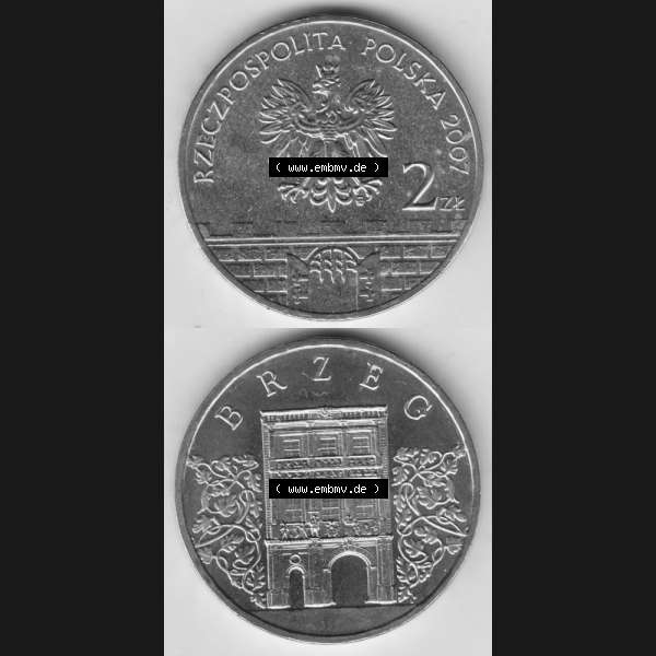 Grau bzw. s/w Münzen Polen Gedenkmünze 2007-2007, 2 Zloty, Historische Städte in Polen - Brzeg, Münzseiten Untereinander als Bildmaterial Sammlung Graustufen