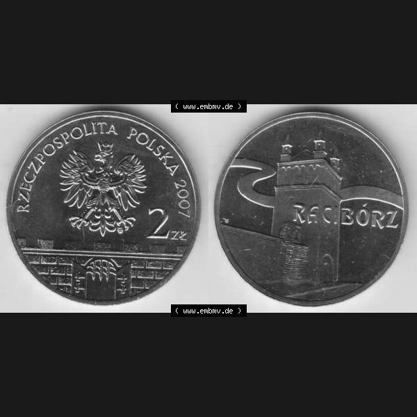 Grau bzw. s/w Münzen Polen Gedenkmünze 2007-2007, 2 Zloty, Historische Städte in Polen - Ratibor, Bild mit Vollansicht als Bildmaterial Sammlung Graustufen