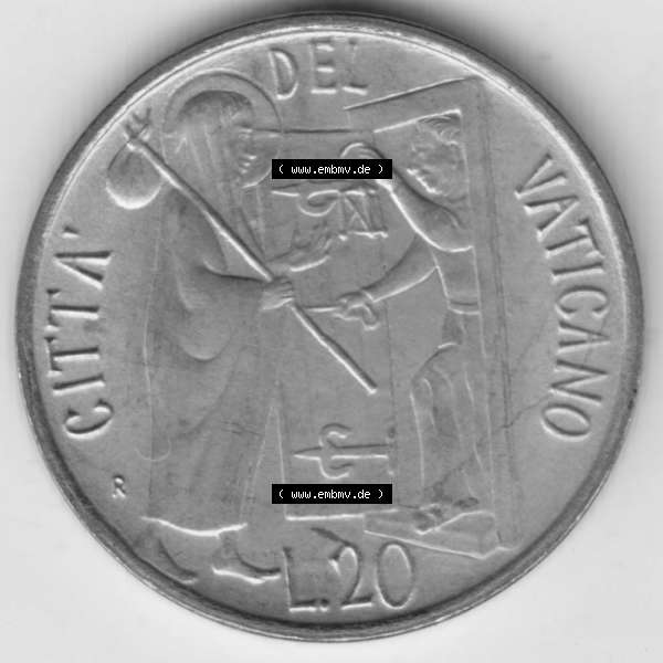Grau bzw. s/w Münzen Vatikan / Vatikanstadt Umlaufmünze 1981-1981, 20 Lire Papst Johannes Paul II, Bild mit Rückseite der Münze als Bildmaterial. Münze aus dem Vatikan... Sammlung Graustufen