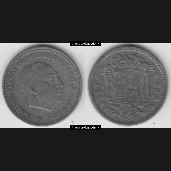Grau bzw. s/w Münzen Spanien Umlaufmünze 1946-1963, 1 Peseta-Pesete 19x3, Bild mit Vollansicht als Bildmaterial Sammlung Graustufen