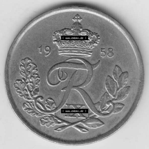 Grau bzw. s/w Münzen Dänemark Umlaufmünze 1948-1960, 25 Öre 1958. Vorderseite der alten dänischen Umlaufmünze aus Dänemark zum katalogisieren und verwalten im Münzen-Katalog... Sammlung Graustufen