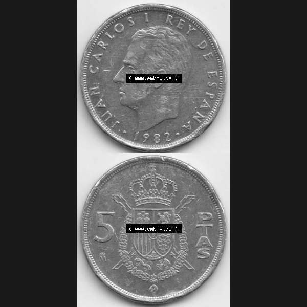 Grau bzw. s/w Münzen Spanien Umlaufmünze 1982-1989, 5 PETAS, Peseten 1982, Münze aus Spanien, Umlaufmünze / aus Zahlungsverkehr mit Münzseiten Vertikal / Untereinander... Sammlung Graustufen