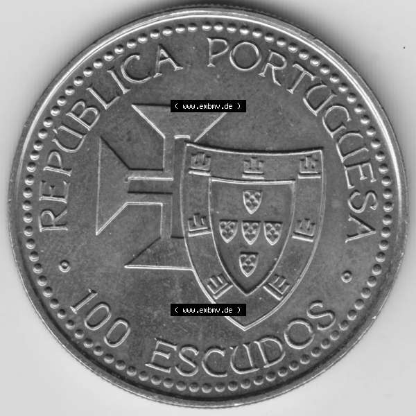 Grau bzw. s/w Münzen Portugal Gedenkmünze 1989-1989, 100 Escudos 1420 Madeira Porto Santo 1419. Vorderseite der Gedenkmünze aus Portugal zum katalogisieren im Münzen-Katalog und der... Sammlung Graustufen