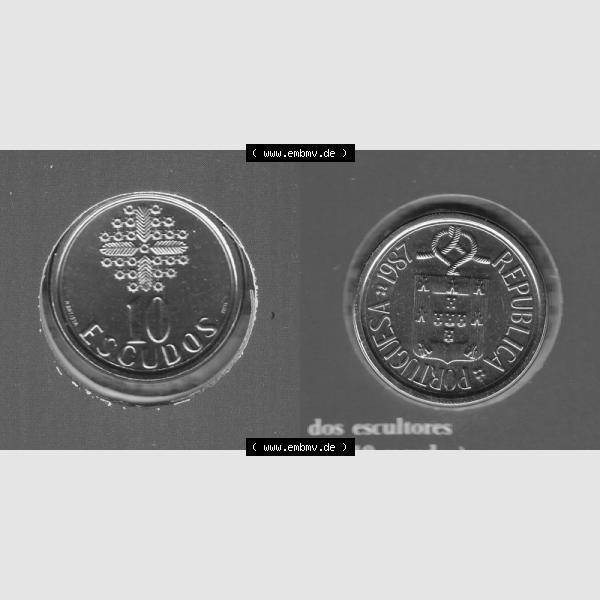 Grau bzw. s/w Münzen Portugal KMS Umlaufmünze 1987, 10 Escudo ii. Vorderseite und Rückseite auf einen Bild/Foto der portugiesischen Umlaufmünze aus Portugal vor der Euro-Einführung... Sammlung Graustufen