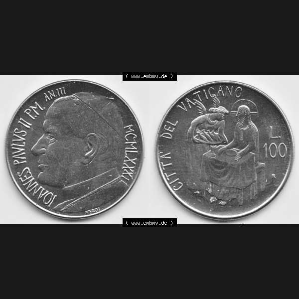 Grau bzw. s/w Münzen Vatikan / Vatikanstadt Umlaufmünze 1981-1981, 100 Lire Papst Johannes Paul II, Bild mit Vollansicht als Bildmaterial. Münze aus dem Vatikan der Vatikanstadt... Sammlung Graustufen