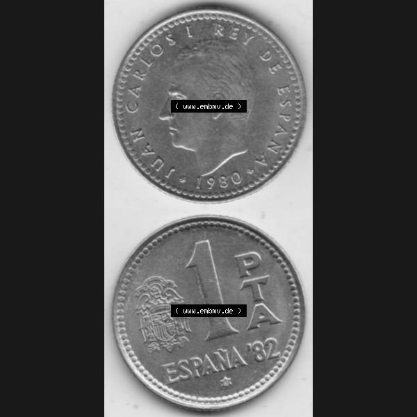 Grau bzw. s/w Münzen Spanien Umlaufmünze 1980-1980, 1 Pesete 1981, Münze aus Spanien, Umlaufmünze / aus Zahlungsverkehr mit Münzseiten Vertikal / Untereinander auf... Sammlung Graustufen